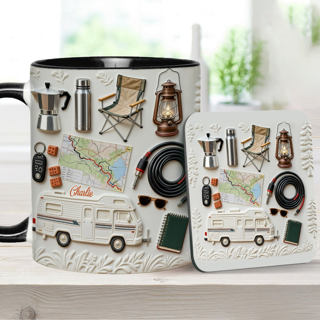 J'adore le camping - Mug et sous-verre personnalisés sur le thème du camping