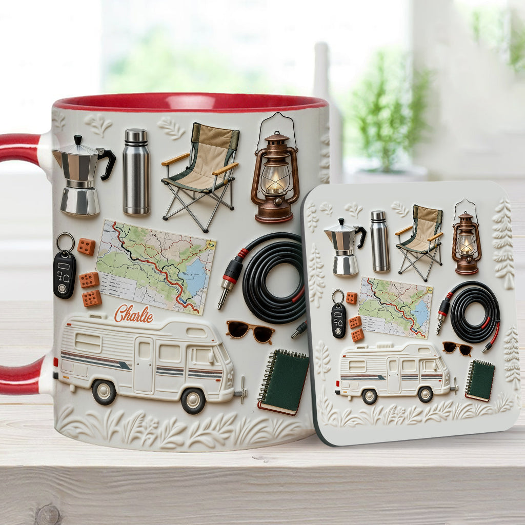 J'adore le camping - Mug et sous-verre personnalisés sur le thème du camping