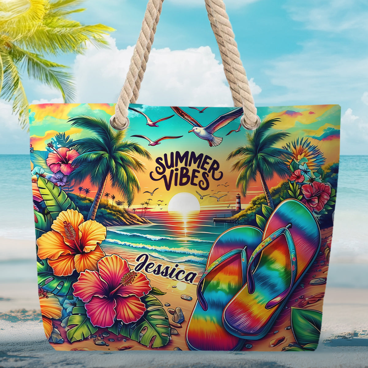 Ambiance estivale - Sac de plage personnalisé pour amoureux de la mer
