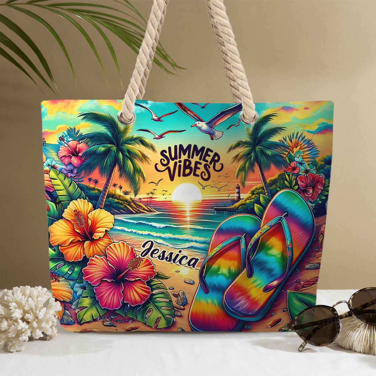 Ambiance estivale - Sac de plage personnalisé pour amoureux de la mer