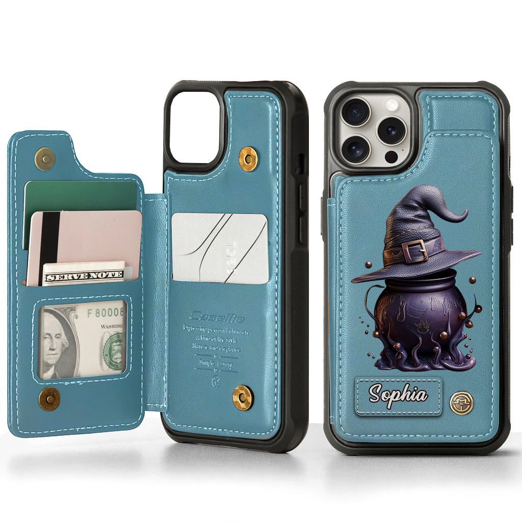 Étui portefeuille de téléphone personnalisé avec chapeau et chaudron magiques - Sorcière