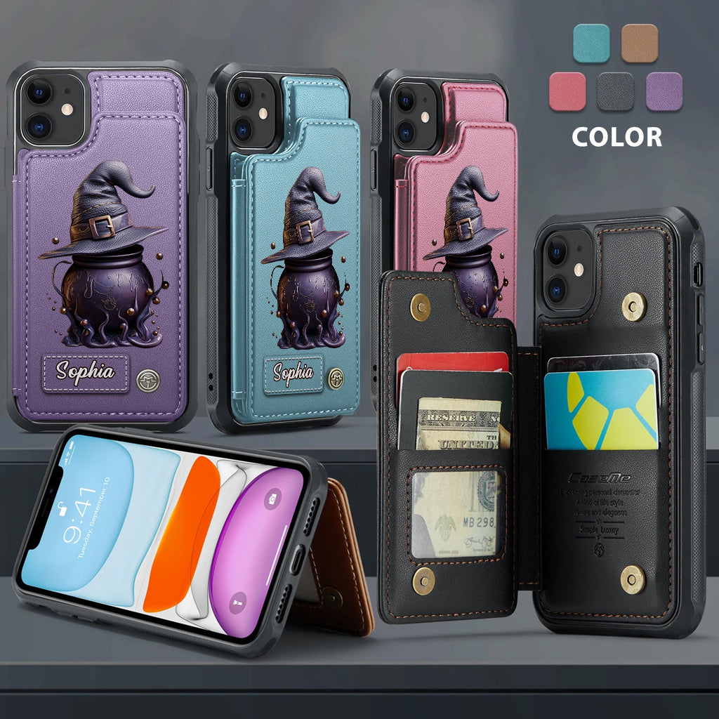 Étui portefeuille de téléphone personnalisé avec chapeau et chaudron magiques - Sorcière