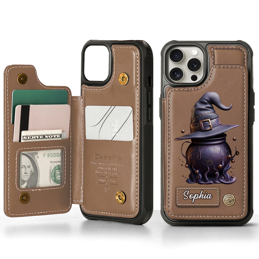 Étui portefeuille de téléphone personnalisé avec chapeau et chaudron magiques - Sorcière