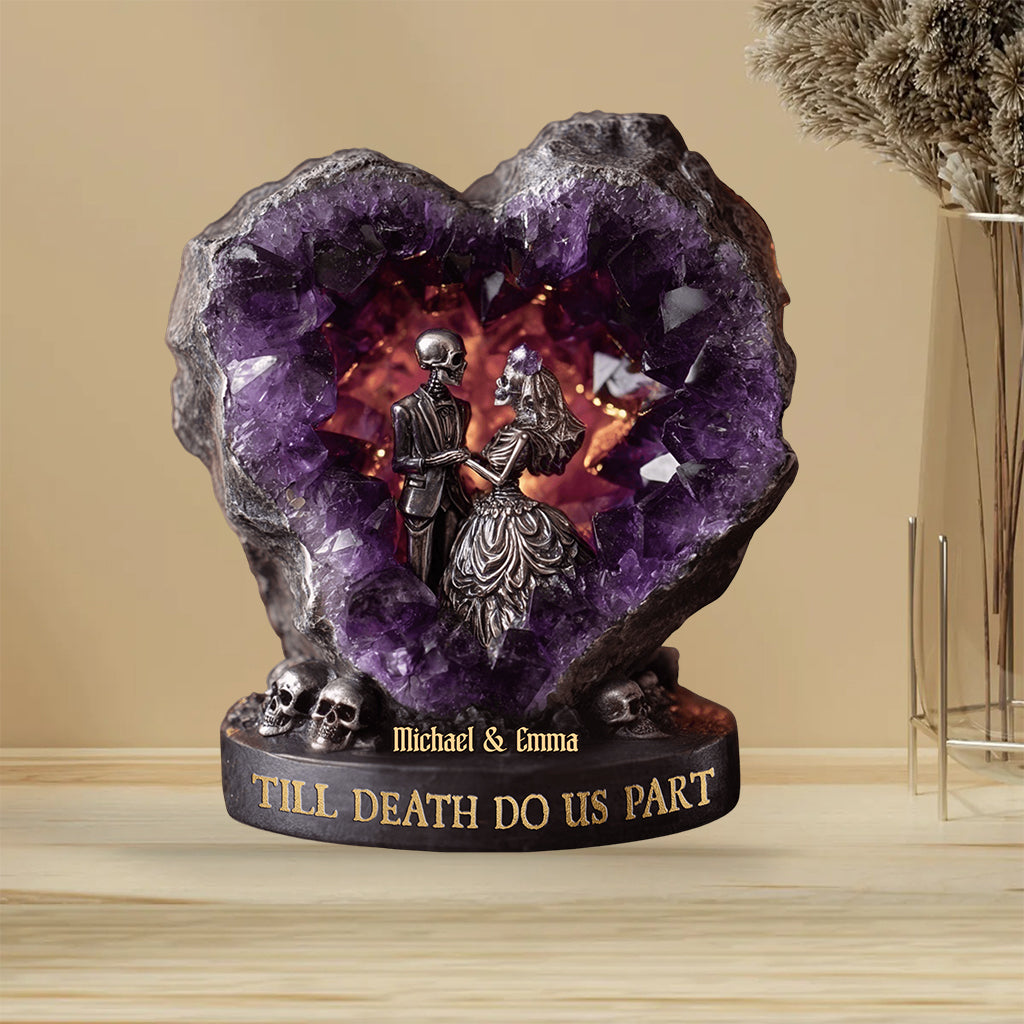 Couple de crânes style améthyste, jusqu'à ce que la mort nous sépare - Plaque acrylique personnalisée pour couple.