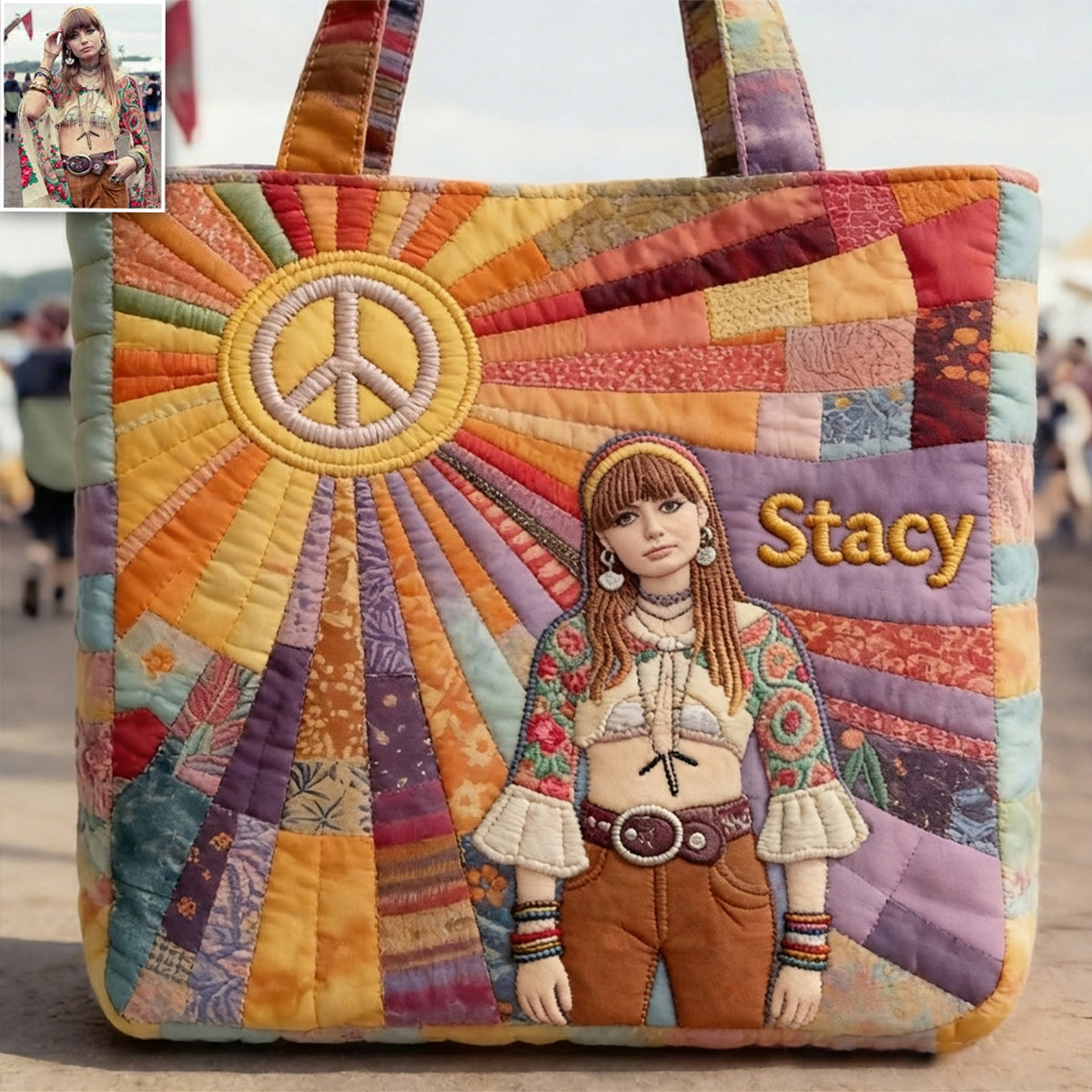 Custom Any Photo Hippie Gift - Personalized Hippie Quilted Tote Bag