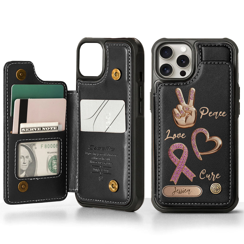 Étui portefeuille personnalisé Peace Love Cure pour téléphone, symbole de sensibilisation au cancer du sein
