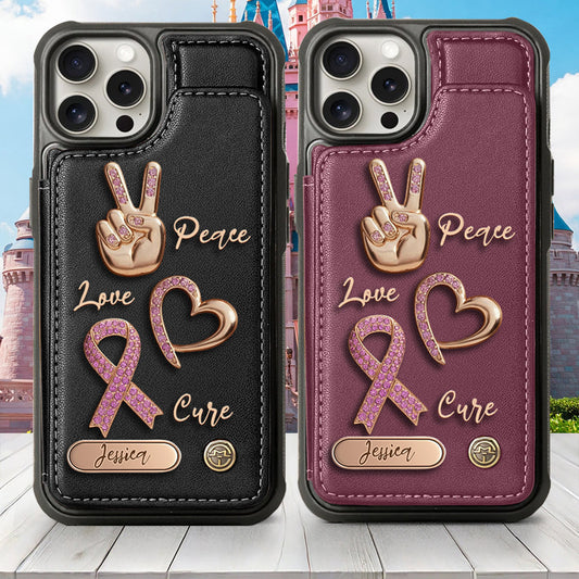 Étui portefeuille personnalisé Peace Love Cure pour téléphone, symbole de sensibilisation au cancer du sein