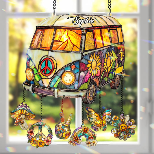 Hippie Caravan - Attrape-soleil hippie personnalisé à suspendre à la fenêtre avec breloques