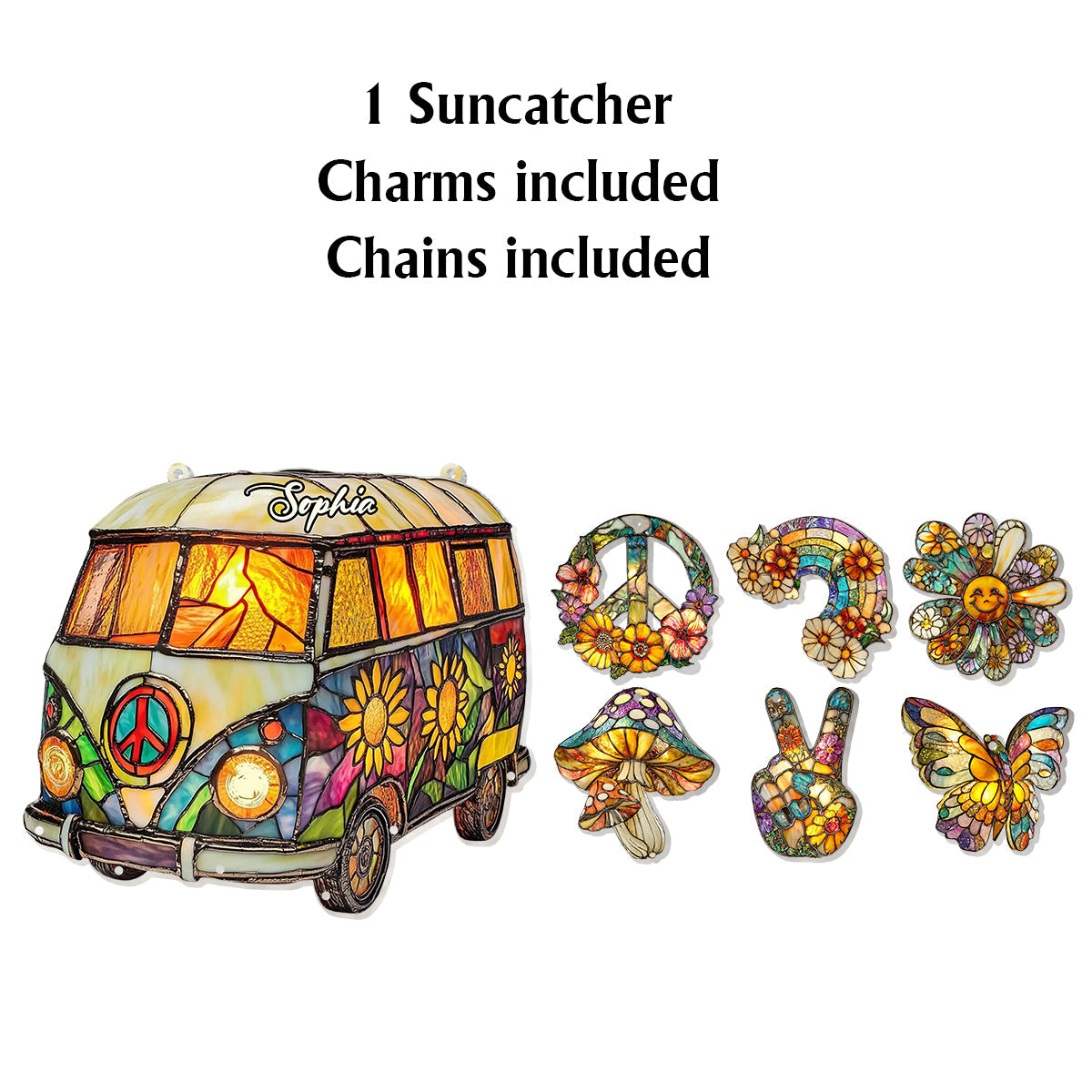 Hippie Caravan - Attrape-soleil hippie personnalisé à suspendre à la fenêtre avec breloques