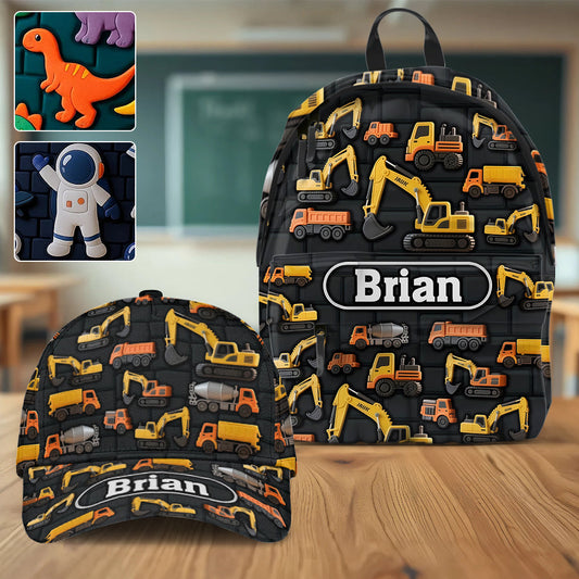Décoration murale pour enfants sur le thème des véhicules d'ingénierie - Casquette et sac à dos classiques personnalisés pour enfants