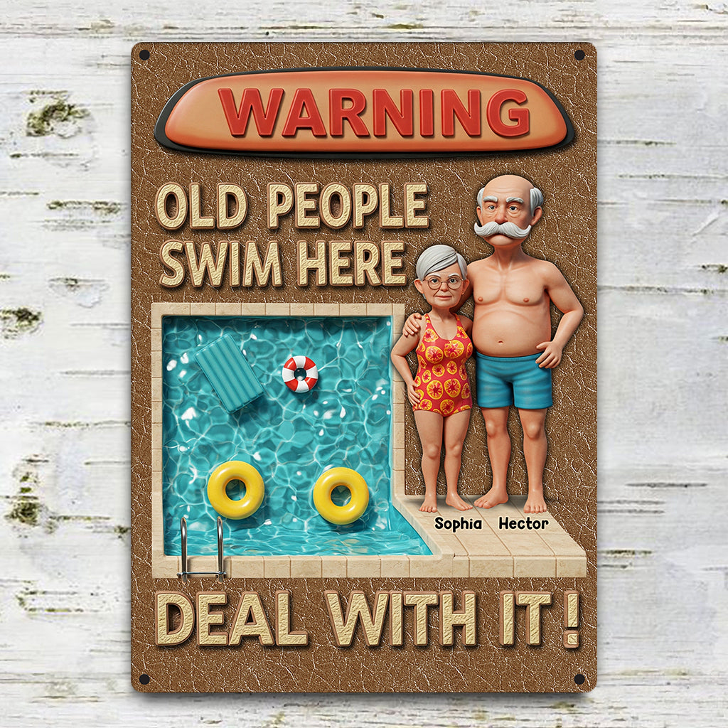 Attention : baignade réservée aux personnes âgées - Panneau métallique rectangulaire personnalisé pour couples