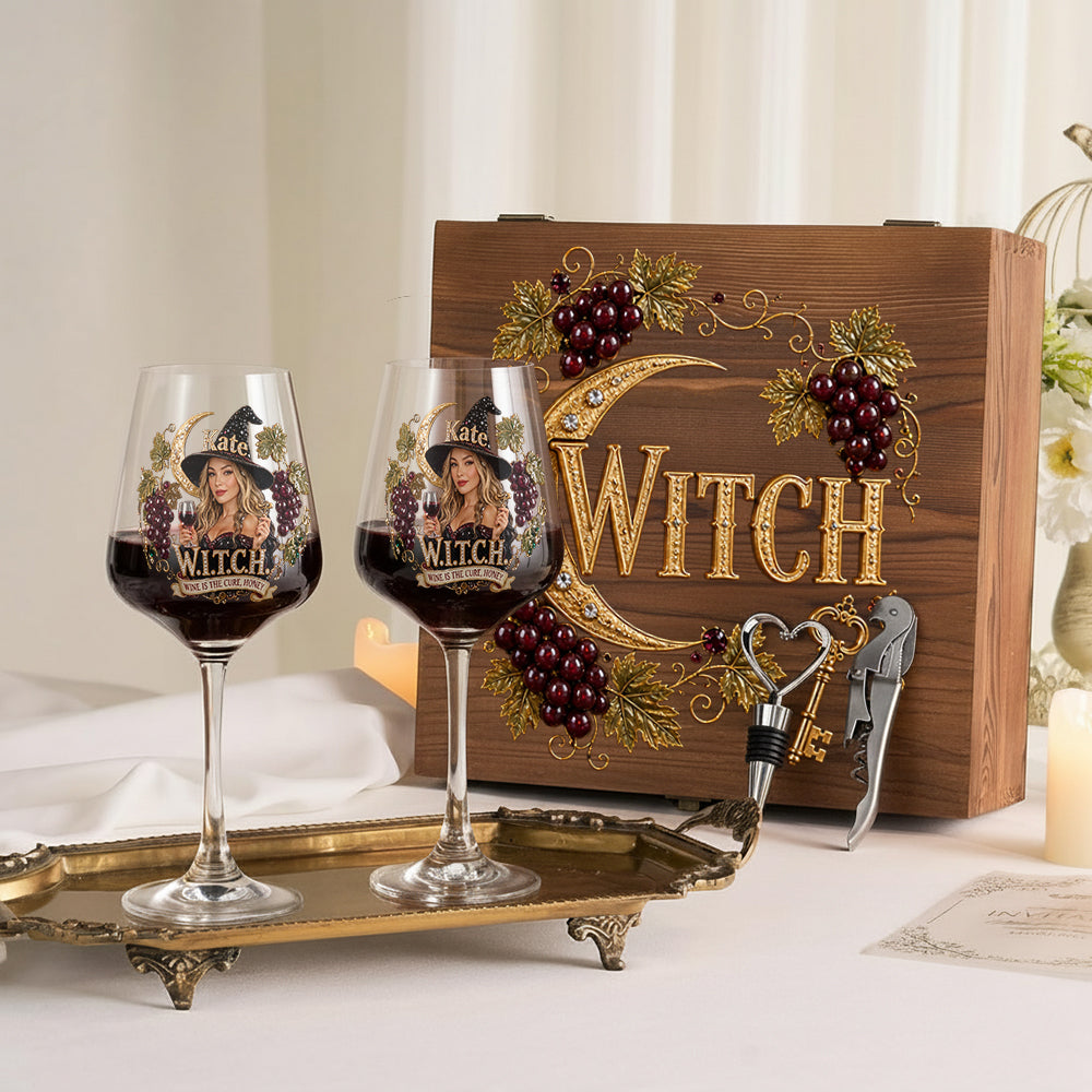 Wine Is The Cure - Personalized Witch Wine Glasses Set With Wooden Box