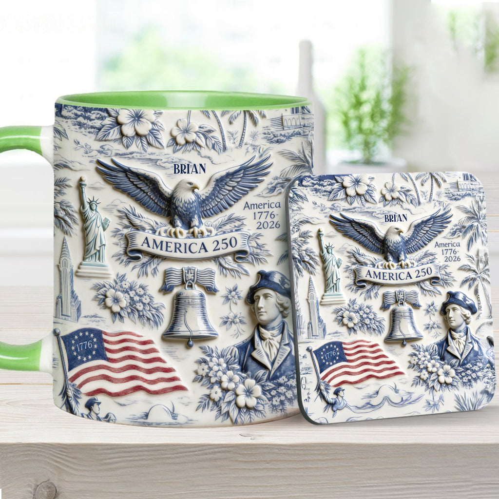 250 Ans d'Amérique 1776–2026 Vintage Patriotique - Tasse & Sous-verre Personnalisés pour le Jour de l'Indépendance/ 4 Juillet