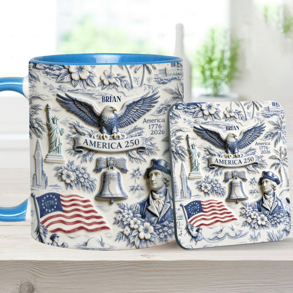 250 Ans d'Amérique 1776–2026 Vintage Patriotique - Tasse & Sous-verre Personnalisés pour le Jour de l'Indépendance/ 4 Juillet