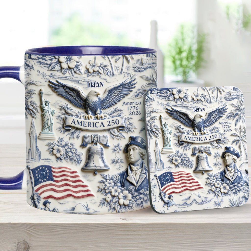 250 Ans d'Amérique 1776–2026 Vintage Patriotique - Tasse & Sous-verre Personnalisés pour le Jour de l'Indépendance/ 4 Juillet