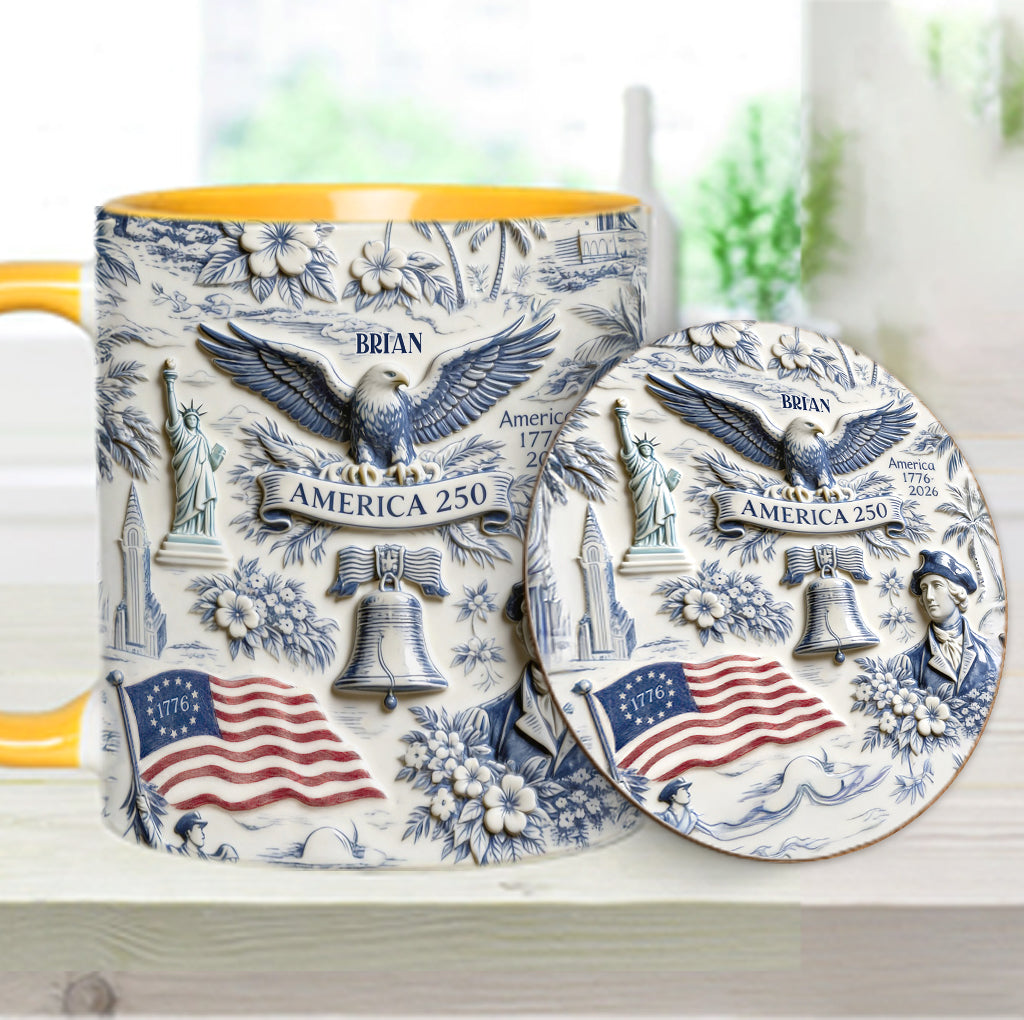 250 Ans d'Amérique 1776–2026 Vintage Patriotique - Tasse & Sous-verre Personnalisés pour le Jour de l'Indépendance/ 4 Juillet