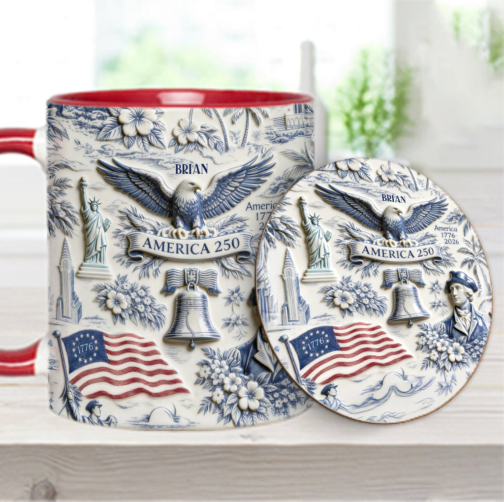 250 Ans d'Amérique 1776–2026 Vintage Patriotique - Tasse & Sous-verre Personnalisés pour le Jour de l'Indépendance/ 4 Juillet