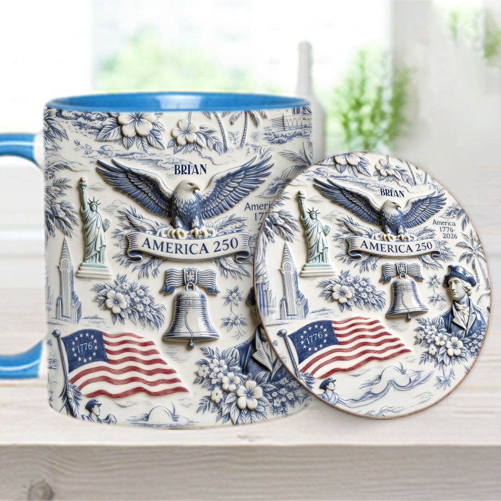 250 Ans d'Amérique 1776–2026 Vintage Patriotique - Tasse & Sous-verre Personnalisés pour le Jour de l'Indépendance/ 4 Juillet