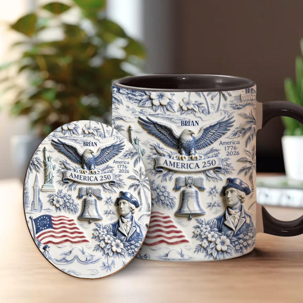 250 Ans d'Amérique 1776–2026 Vintage Patriotique - Tasse & Sous-verre Personnalisés pour le Jour de l'Indépendance/ 4 Juillet