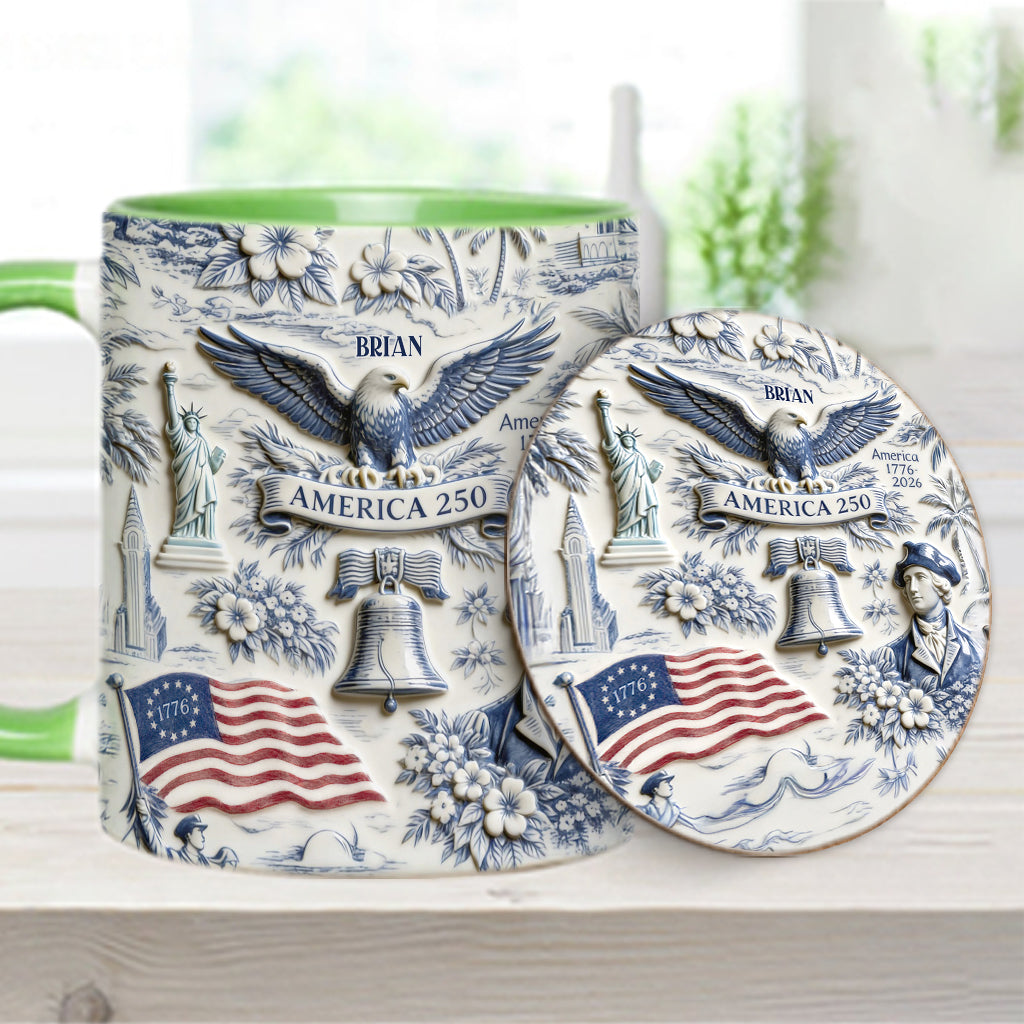 250 Ans d'Amérique 1776–2026 Vintage Patriotique - Tasse & Sous-verre Personnalisés pour le Jour de l'Indépendance/ 4 Juillet