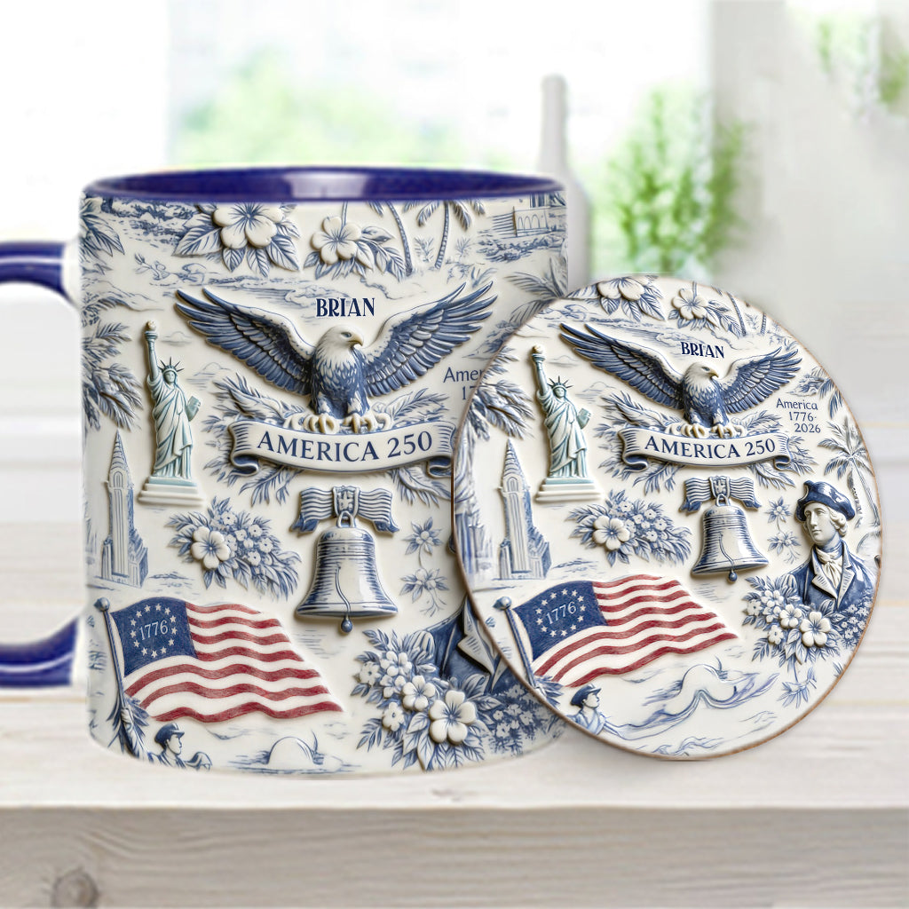 250 Ans d'Amérique 1776–2026 Vintage Patriotique - Tasse & Sous-verre Personnalisés pour le Jour de l'Indépendance/ 4 Juillet