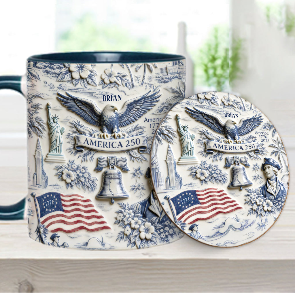 250 Ans d'Amérique 1776–2026 Vintage Patriotique - Tasse & Sous-verre Personnalisés pour le Jour de l'Indépendance/ 4 Juillet