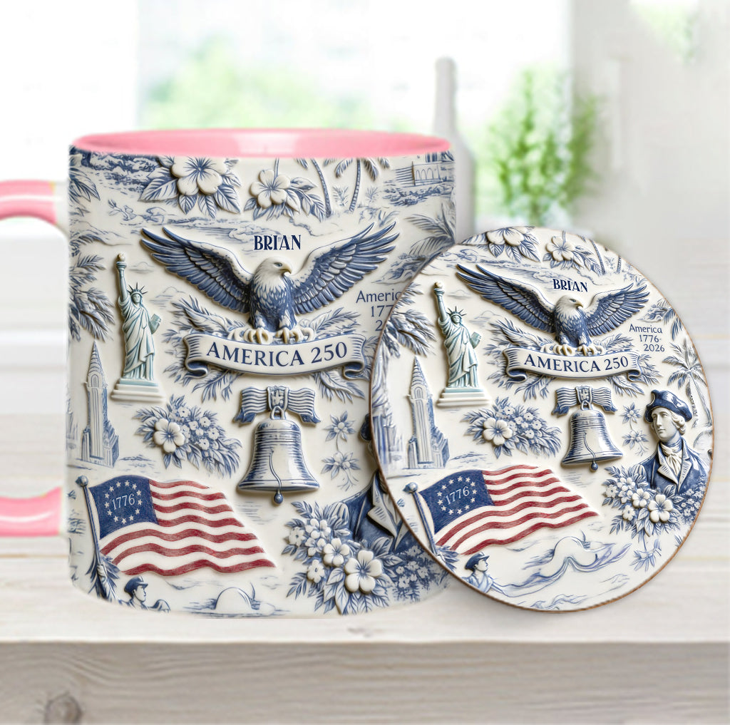 250 Ans d'Amérique 1776–2026 Vintage Patriotique - Tasse & Sous-verre Personnalisés pour le Jour de l'Indépendance/ 4 Juillet