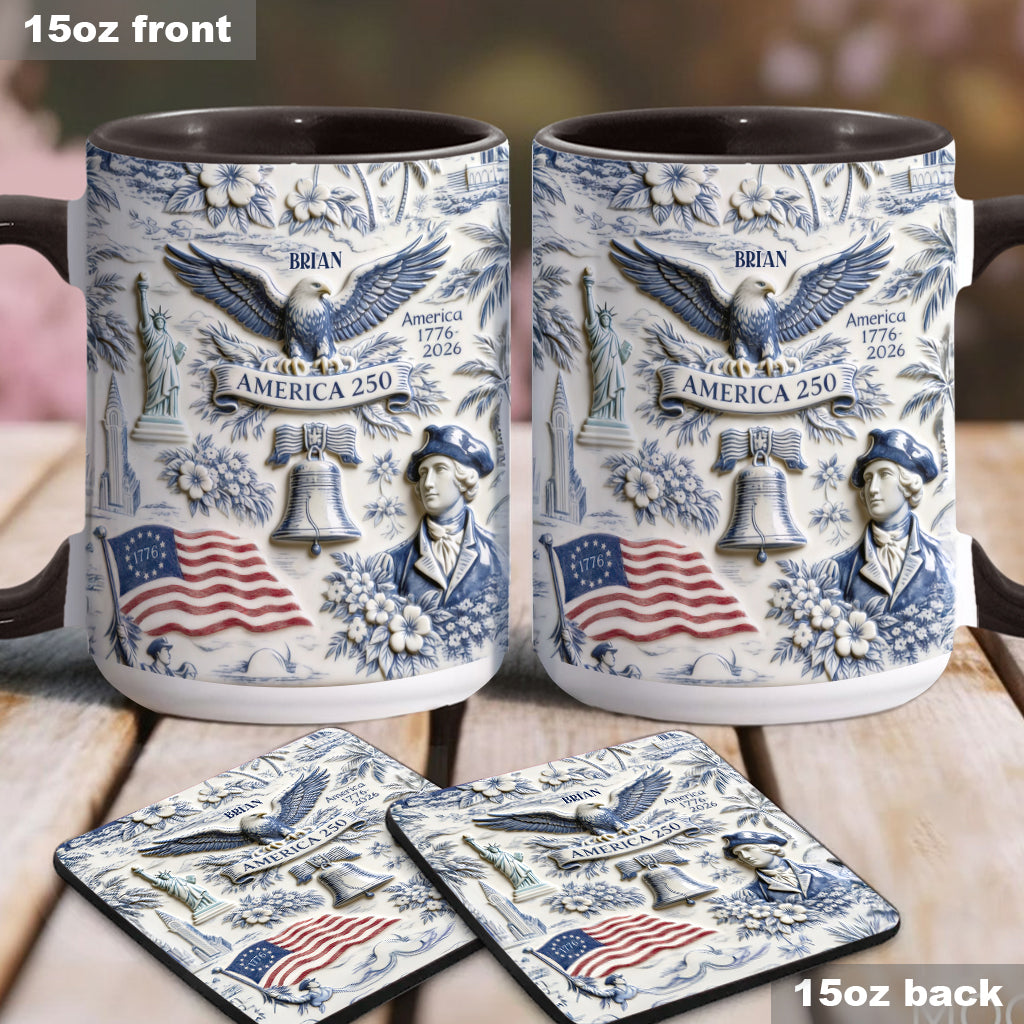 250 Ans d'Amérique 1776–2026 Vintage Patriotique - Tasse & Sous-verre Personnalisés pour le Jour de l'Indépendance/ 4 Juillet
