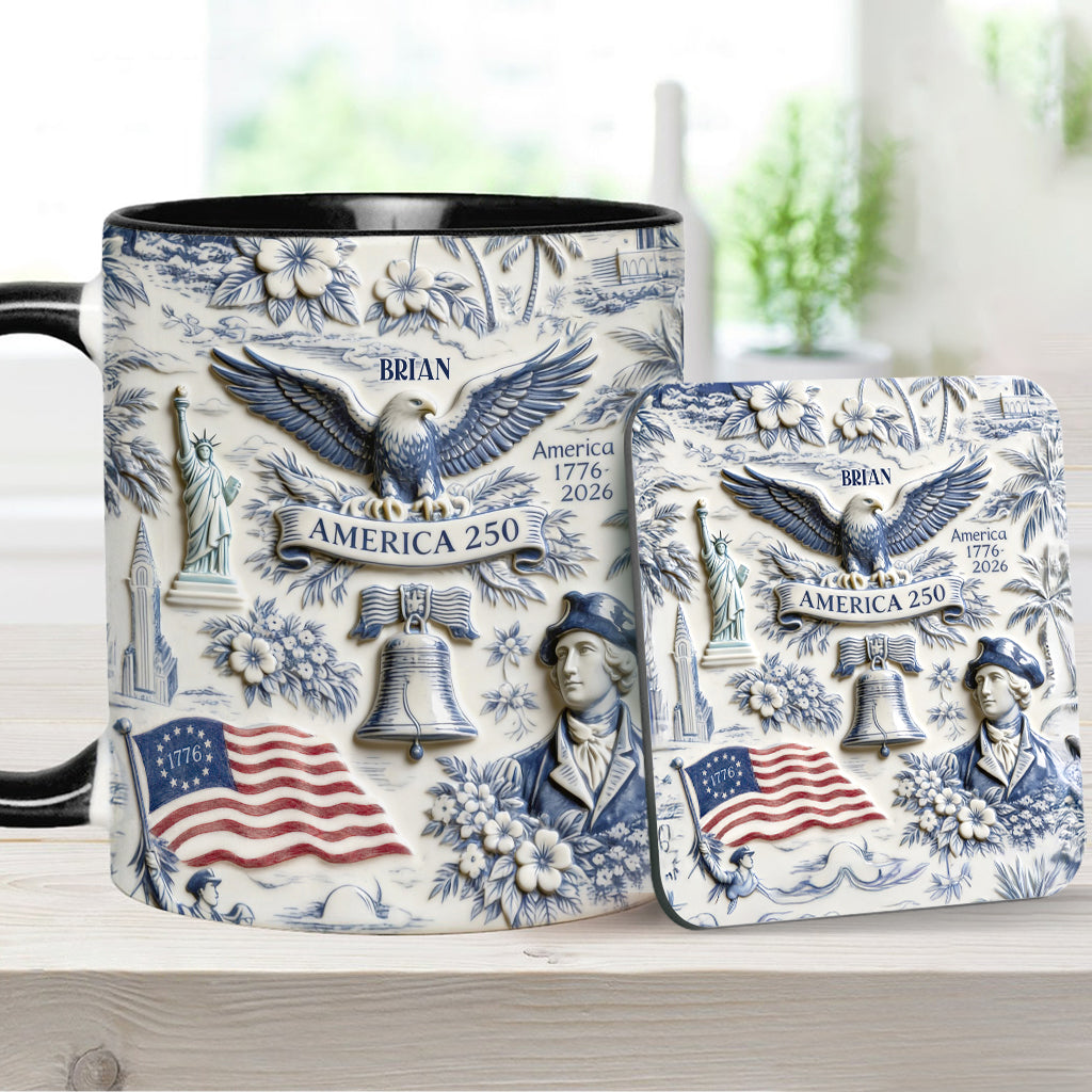 250 Ans d'Amérique 1776–2026 Vintage Patriotique - Tasse & Sous-verre Personnalisés pour le Jour de l'Indépendance/ 4 Juillet