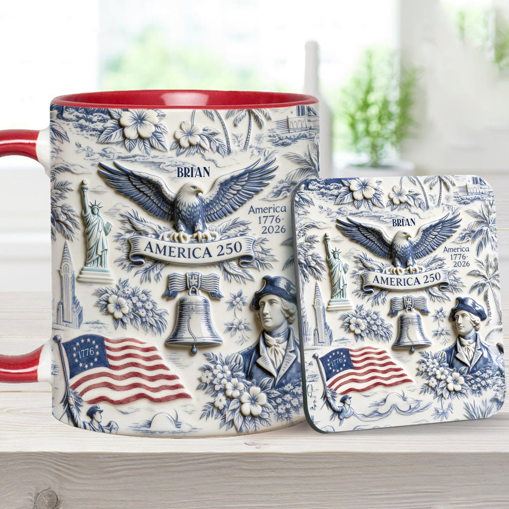 250 Ans d'Amérique 1776–2026 Vintage Patriotique - Tasse & Sous-verre Personnalisés pour le Jour de l'Indépendance/ 4 Juillet