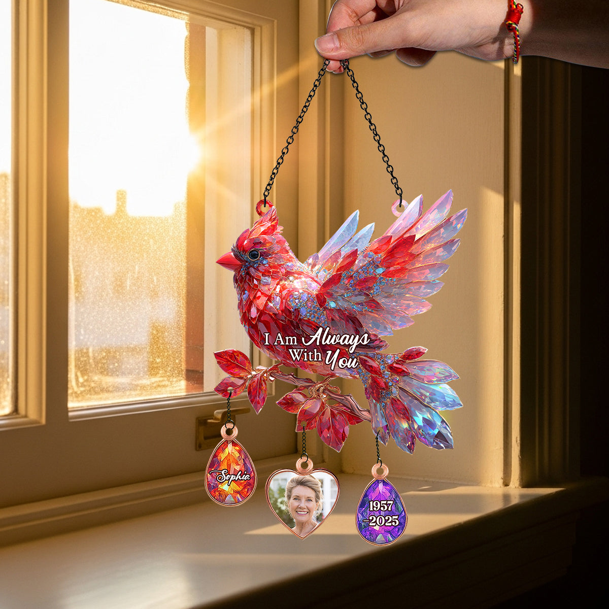 Je suis toujours avec toi - Attrape-soleil commémoratif personnalisé à suspendre à la fenêtre avec breloques personnalisées