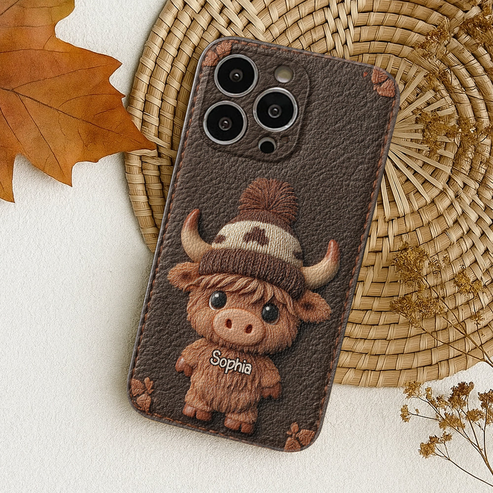 Love Highland Cows - Personalized Highland Cow Leather Phone Case