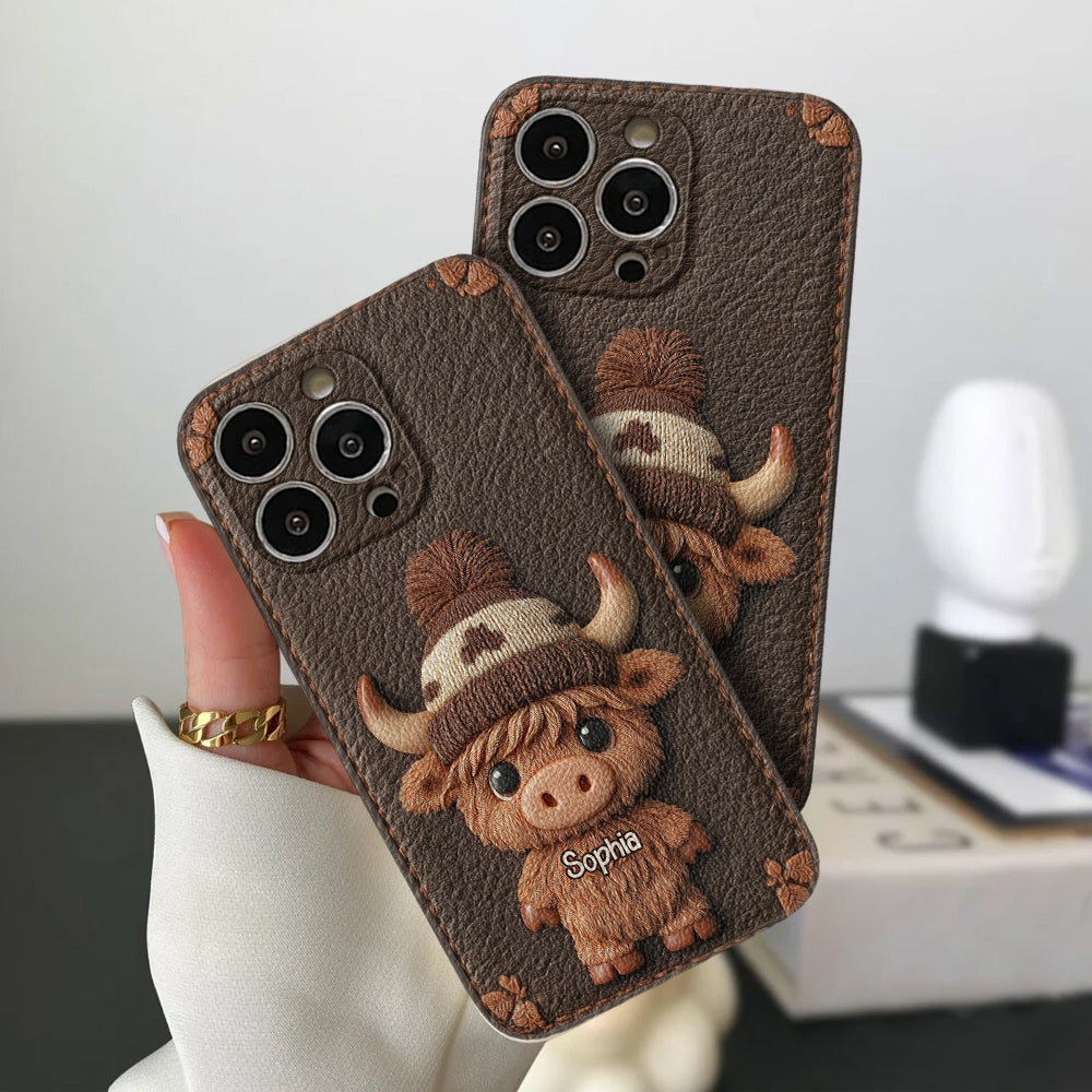 Love Highland Cows - Personalized Highland Cow Leather Phone Case