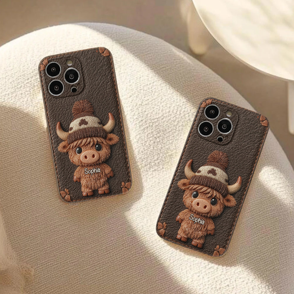 Love Highland Cows - Personalized Highland Cow Leather Phone Case