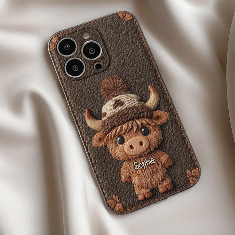 Love Highland Cows - Personalized Highland Cow Leather Phone Case