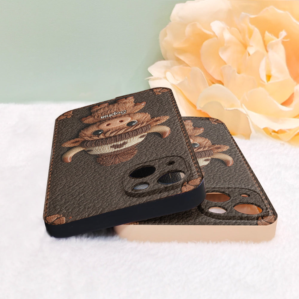 Love Highland Cows - Personalized Highland Cow Leather Phone Case
