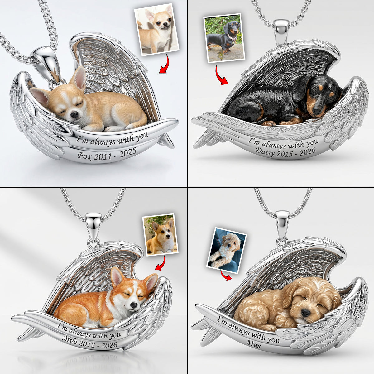 Collier pendentif personnalisé en métal en forme de chien avec ailes d'ange