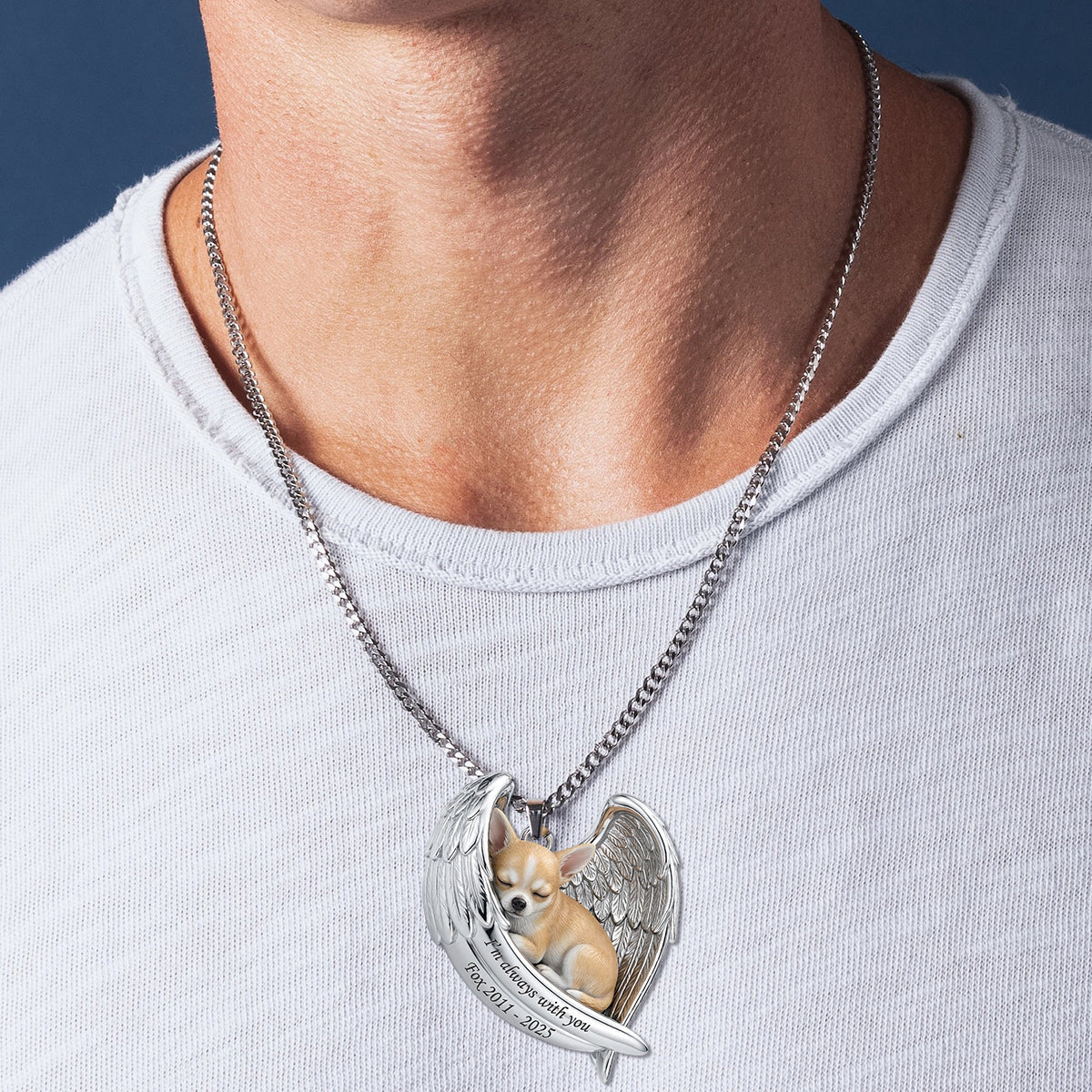 Collier pendentif personnalisé en métal en forme de chien avec ailes d'ange