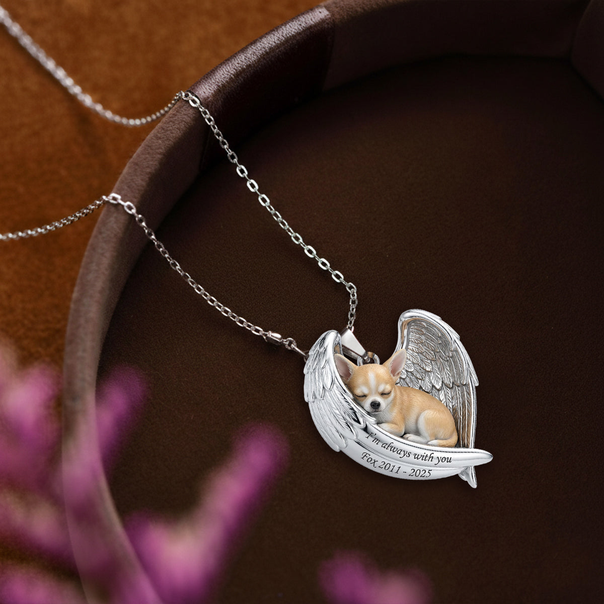 Collier pendentif personnalisé en métal en forme de chien avec ailes d'ange