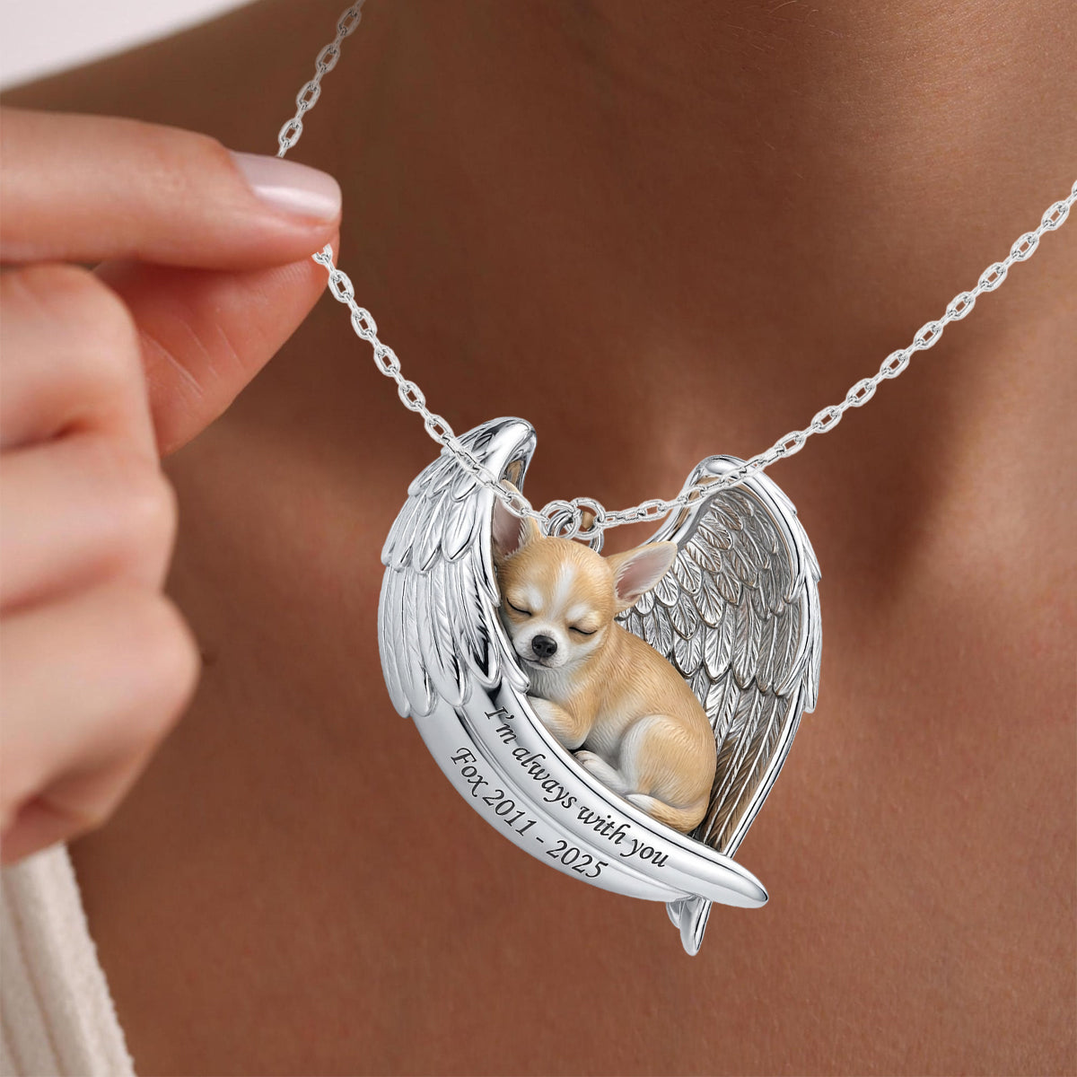 Collier pendentif personnalisé en métal en forme de chien avec ailes d'ange