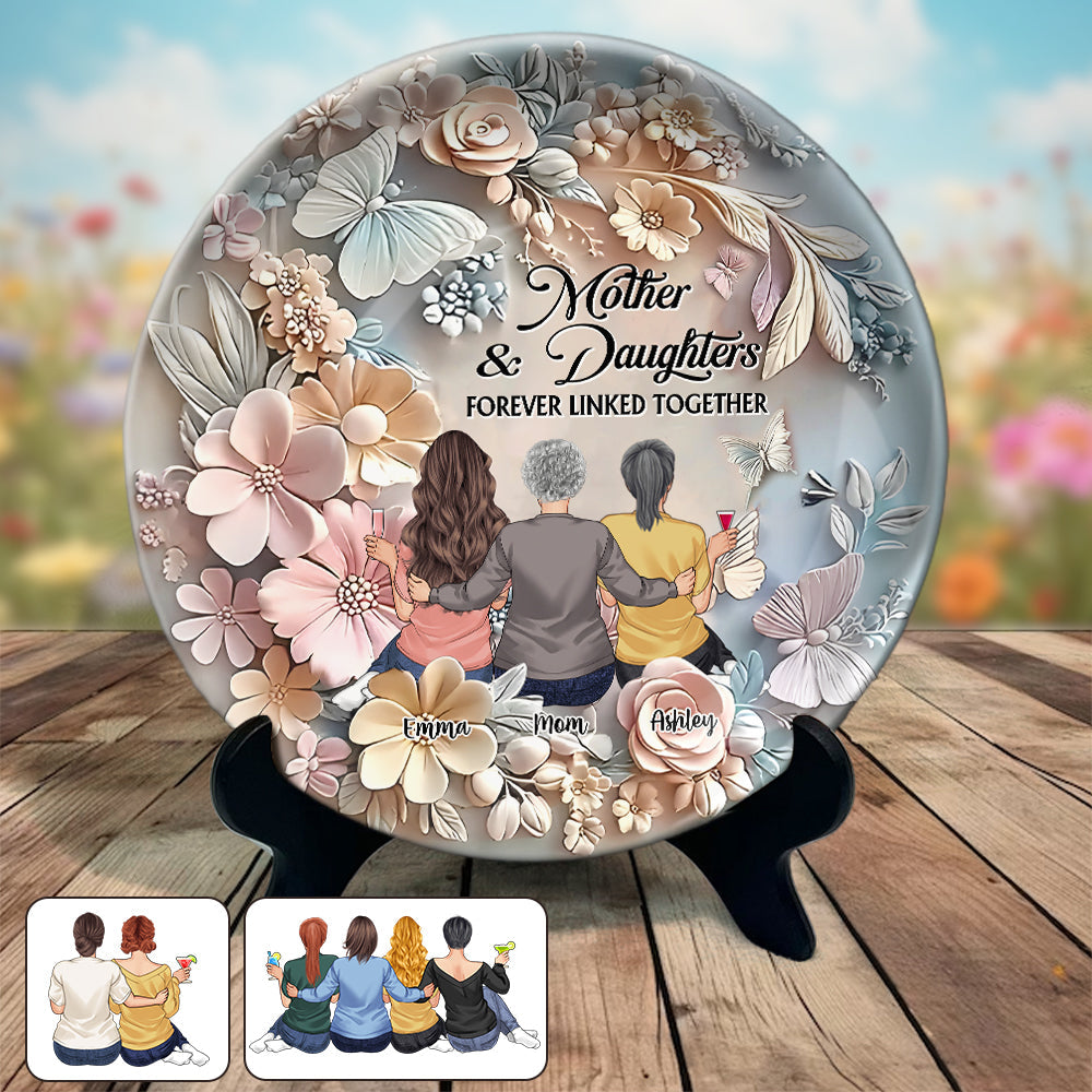 Mère et filles liées à jamais - Assiette ronde en céramique personnalisée pour maman