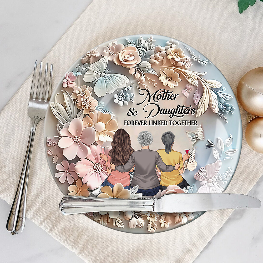 Mère et filles liées à jamais - Assiette ronde en céramique personnalisée pour maman
