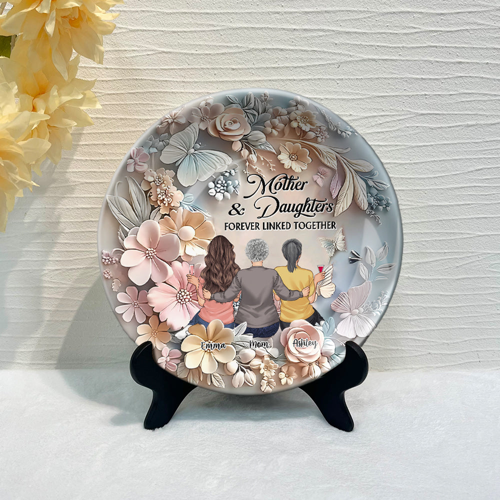 Mère et filles liées à jamais - Assiette ronde en céramique personnalisée pour maman