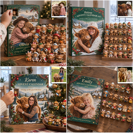 24 Days of Moo-gical Christmas - Personalized Highland Cow Advent Calendar With 3D Collectibles