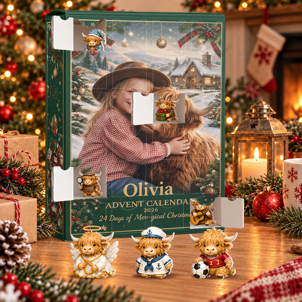 24 Days of Moo-gical Christmas - Personalized Highland Cow Advent Calendar With 3D Collectibles