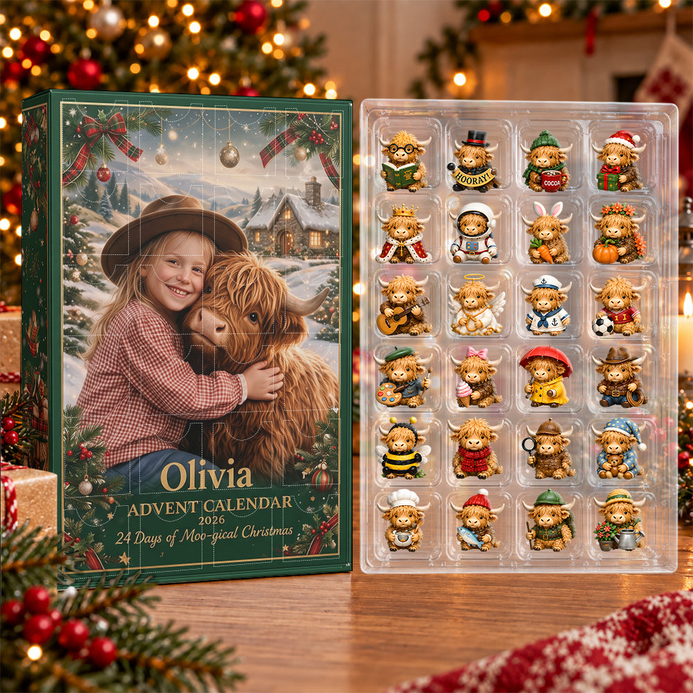 24 Days of Moo-gical Christmas - Personalized Highland Cow Advent Calendar With 3D Collectibles