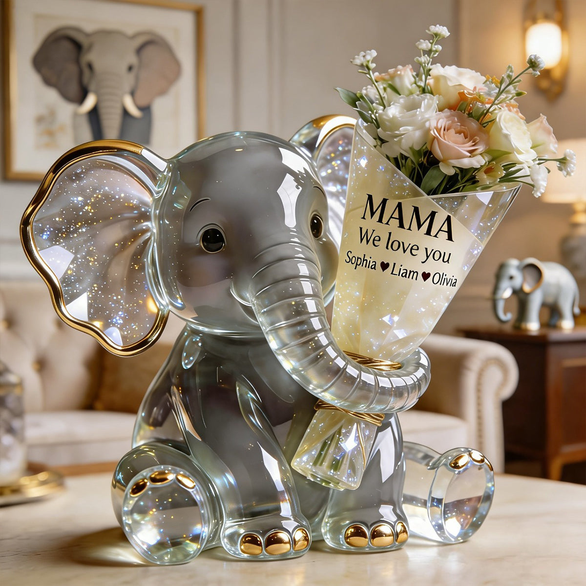 Éléphant tenant des fleurs - Pot en acrylique personnalisé pour maman