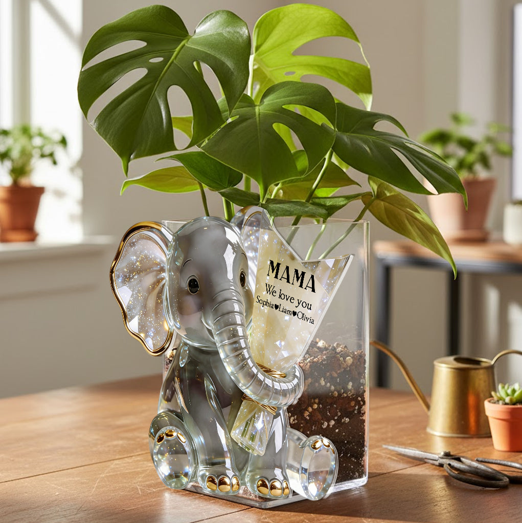 Éléphant tenant des fleurs - Pot en acrylique personnalisé pour maman