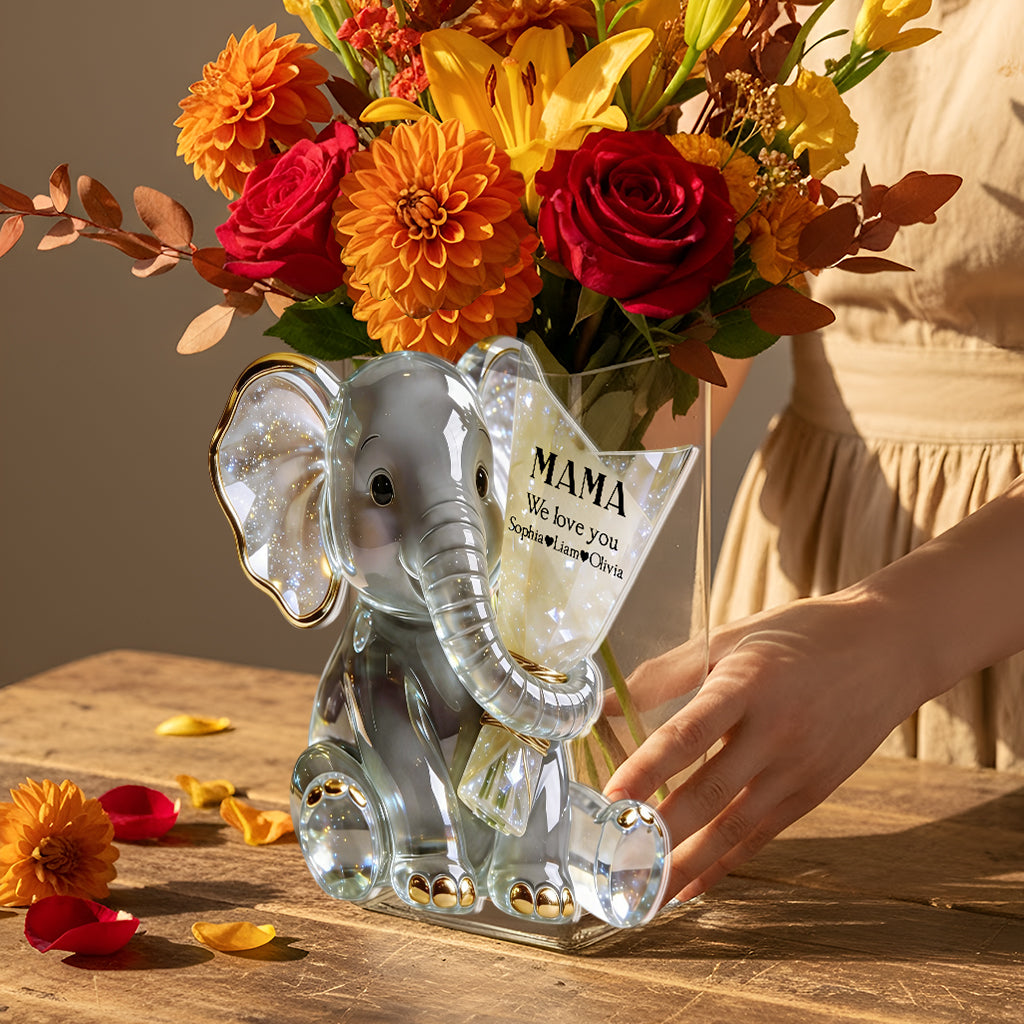 Éléphant tenant des fleurs - Pot en acrylique personnalisé pour maman