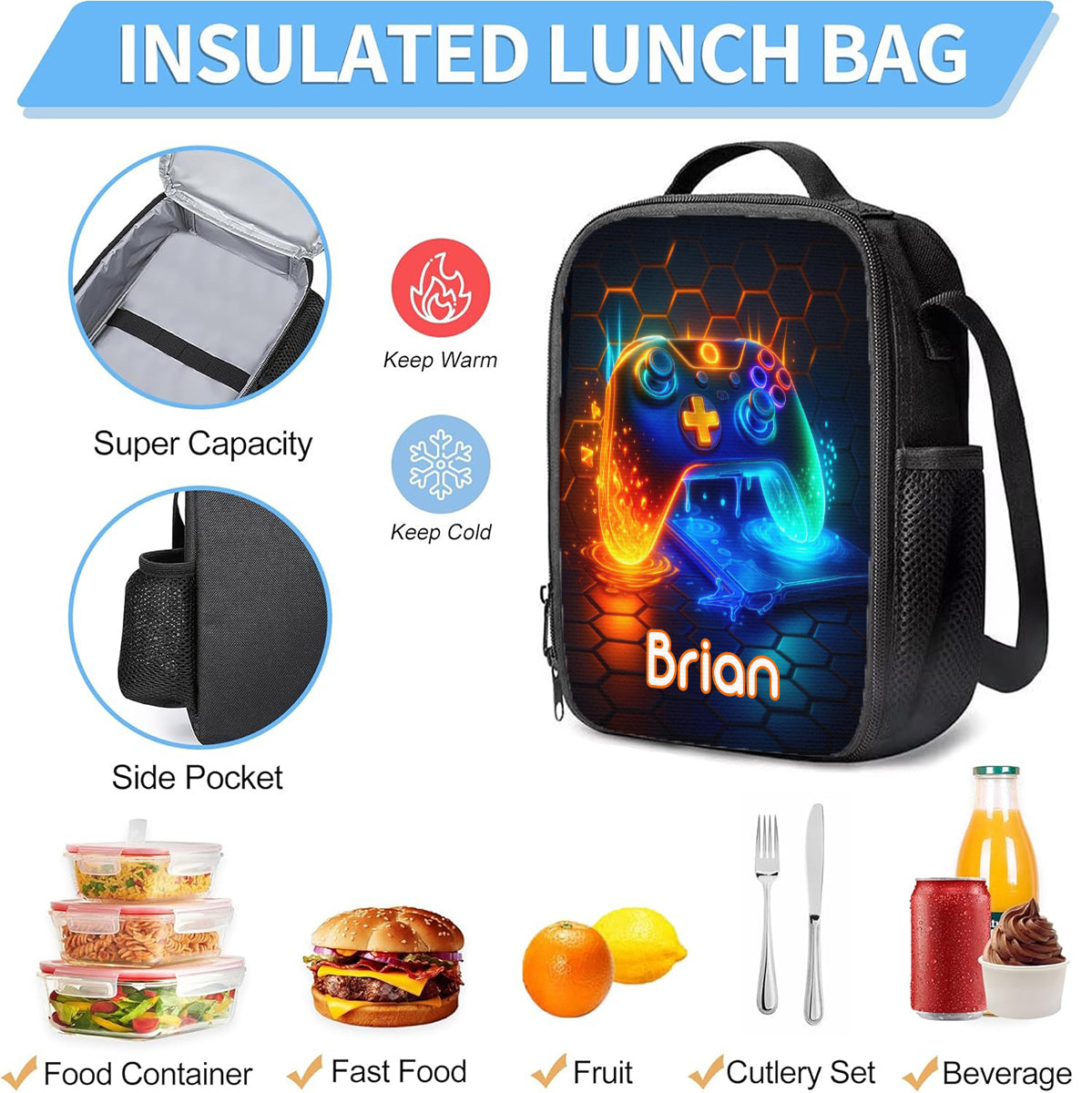 Poignée de jeu - Ensemble de trois sacs d'école grande capacité pour garçons - Sac à dos, sac à lunch et trousse personnalisés pour enfants